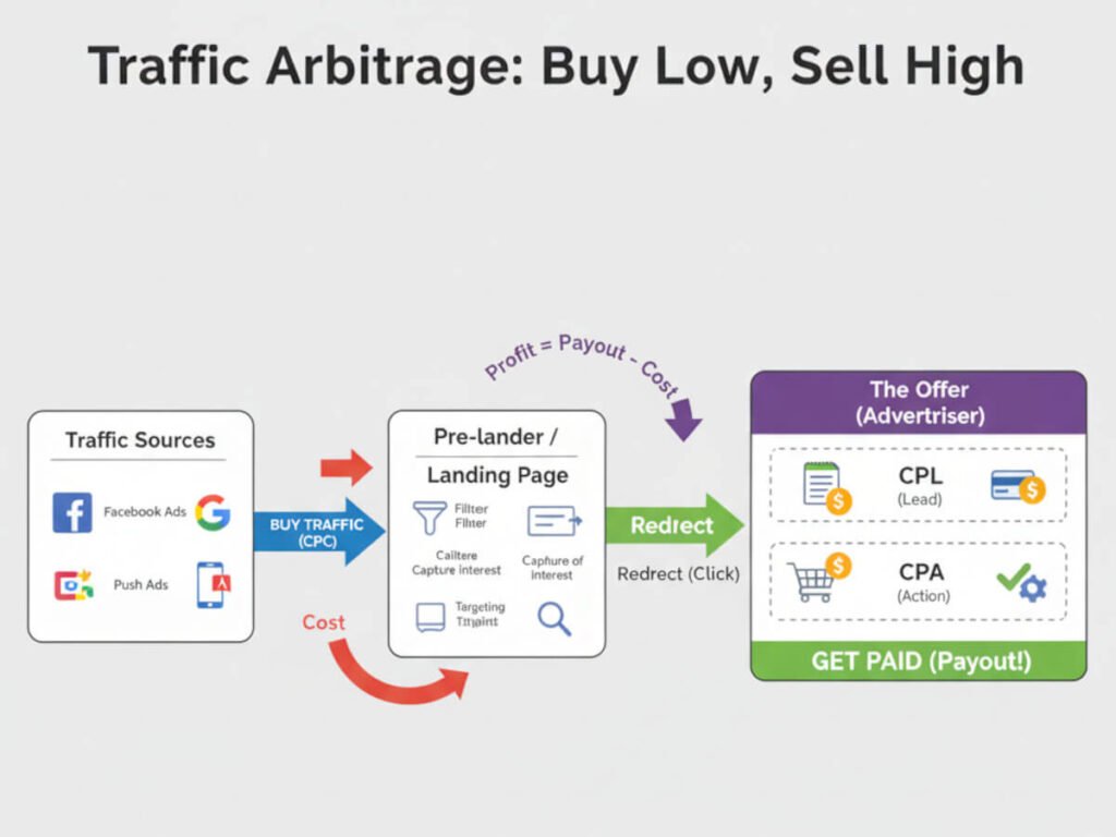 Diagram explaining what is traffic arbitrage, showing traffic bought and sent to an offer.