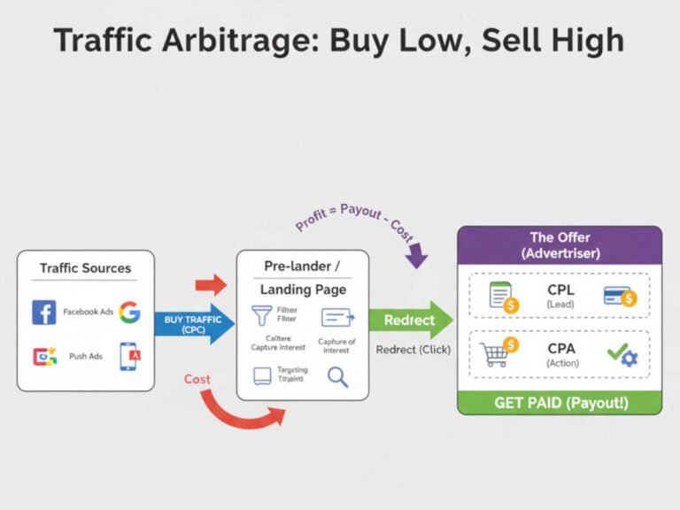 Diagram explaining what is traffic arbitrage, showing traffic bought and sent to an offer.
