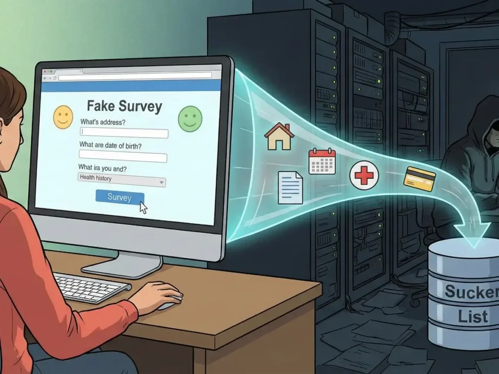 Conceptual illustration of a fake online survey acting as a data mining tool, where a user's personal information icons—including address, date of birth, health history, and credit card details—are funneled from their screen into a hacker's database labeled "Sucker List.