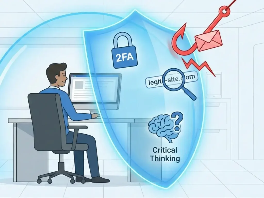 Illustration of effective digital hygiene defense, showing a computer user protected by a glowing blue force field shield displaying icons for Multi-Factor Authentication (2FA), URL inspection, and Critical Thinking, which is successfully deflecting an incoming phishing email hook. Social engineering scams