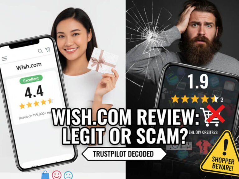 Header image for a blog post titled "Wish.com Review: Legit or Scam?" showing a split-screen comparison of a 4.4-star excellent Trustpilot rating versus a 1.9-star bad rating.