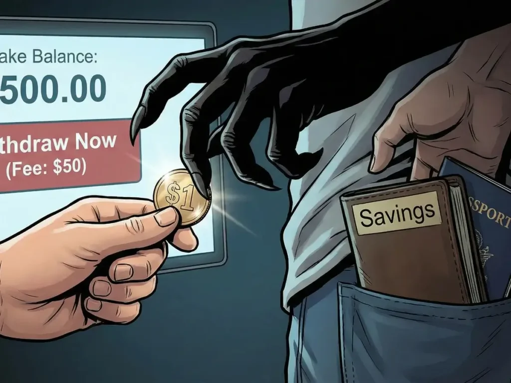 Visual metaphor for a confidence trick scam, showing a friendly hand offering a small $1 coin to build trust, while a hidden, monstrous shadow hand secretly steals a wallet labeled "Savings" and a passport from the victim's back pocket, set against a background screen displaying a fake $500 balance and a demanding "Withdrawal Fee." Social engineering scams