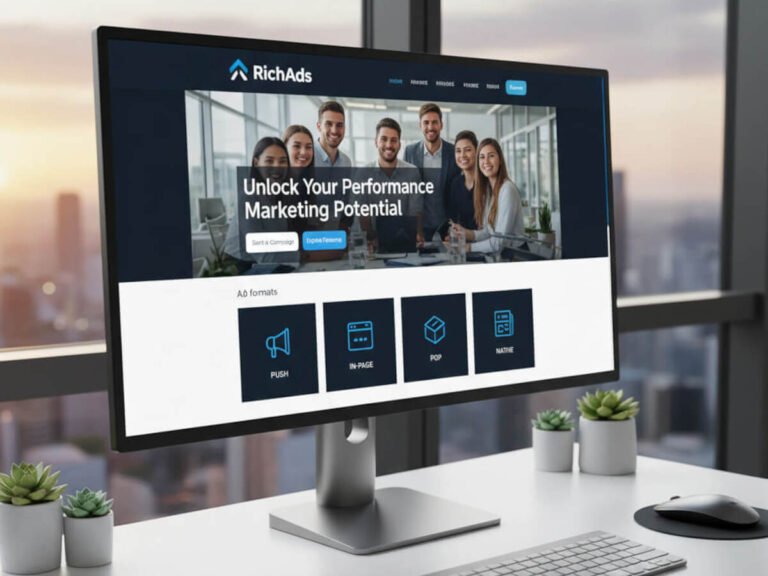 Image for RichAds review, showing the ad network's homepage on a desktop monitor with the headline "Unlock Your Performance Marketing Potential."