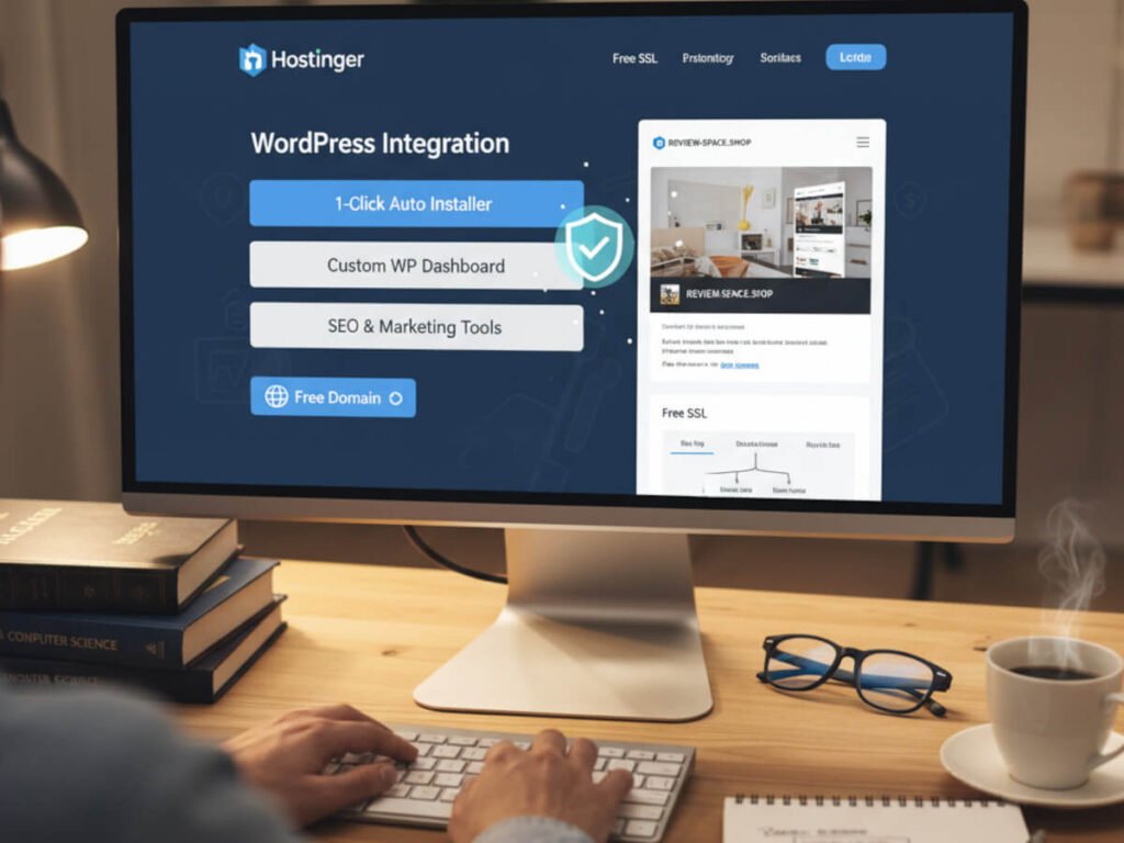 A user sitting at a desk, looking at a computer monitor displaying the Hostinger dashboard with "WordPress Integration" highlighted
