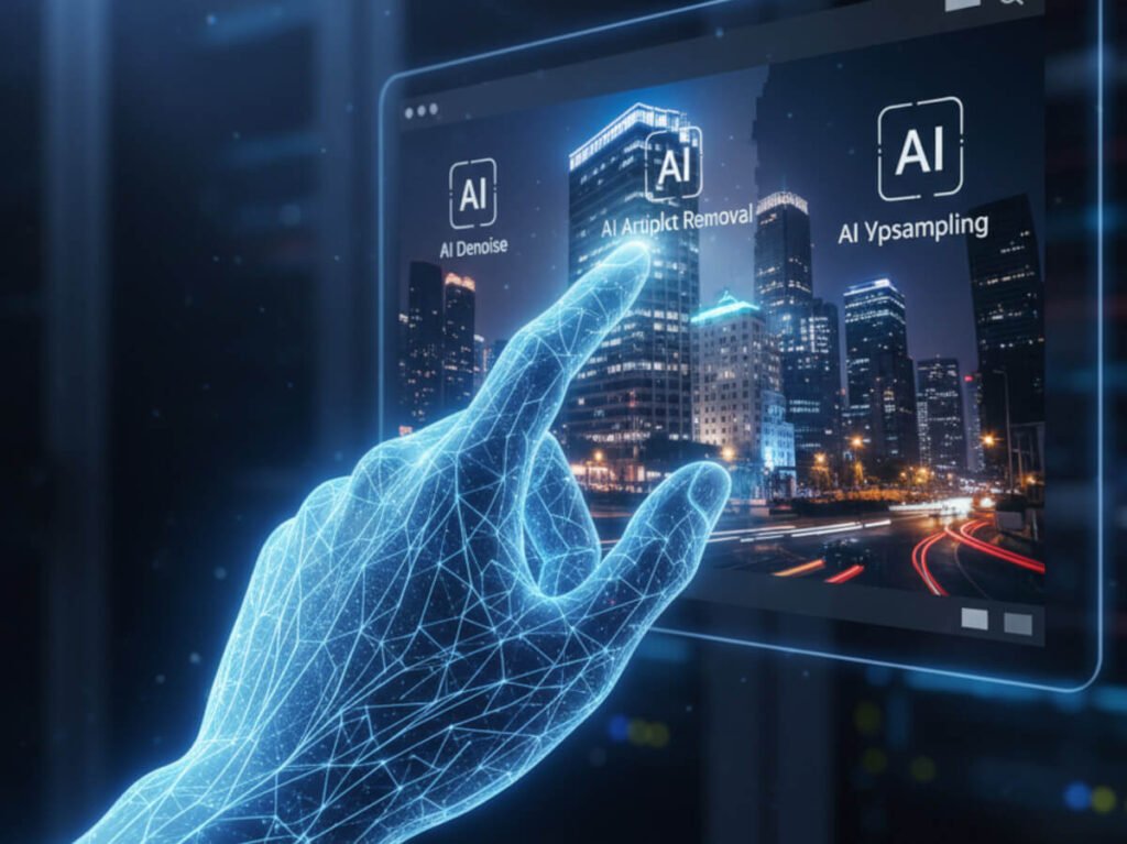 A futuristic, glowing wireframe hand interacting with a digital interface showing AI-powered photo editing tools like "AI Denoise," "AI Artifact Removal," and "AI Upsampling" for a city nightscape. This emphasizes advanced AI image enhancement and graphic design software.
