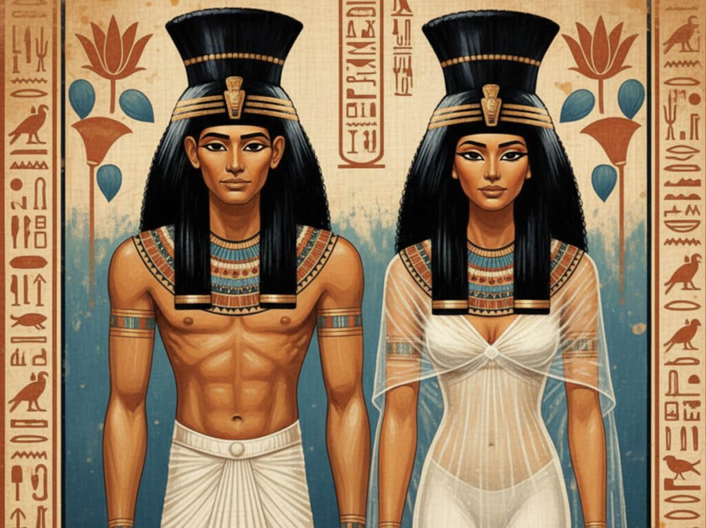 Ancient illustration depicting Egyptian nobility (male and female) wearing elegant black wigs, highlighting their high status and refined style, set against a backdrop of hieroglyphs.