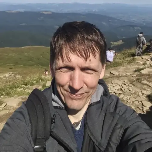 Oleh Kret, advocate and founder of Review Space, hiking in the mountains