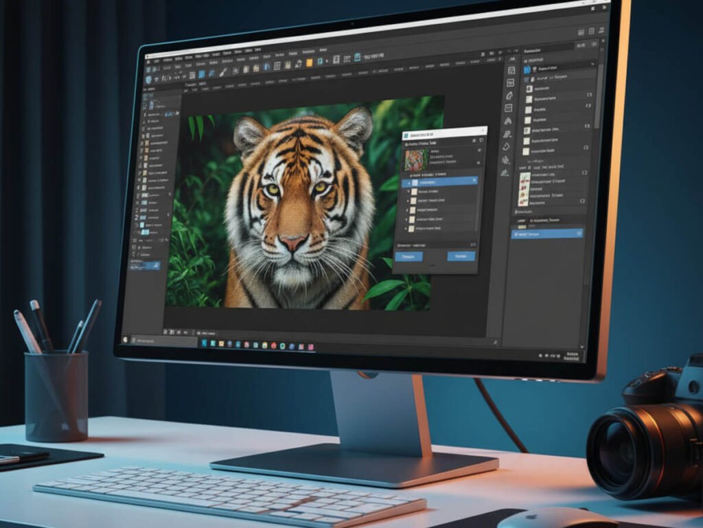 A desktop monitor displaying PaintShop Pro 2023 Standard photo editing software with a tiger image open for editing, showing various tools and menus. This highlights professional image retouching capabilities on a Windows photo editor.