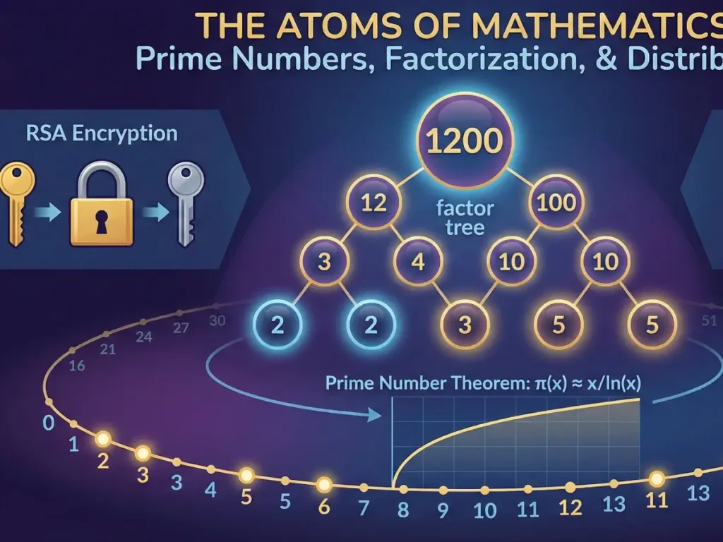 Infographic with prime numbers explained through a factor tree, RSA encryption keys, and a distribution timeline.