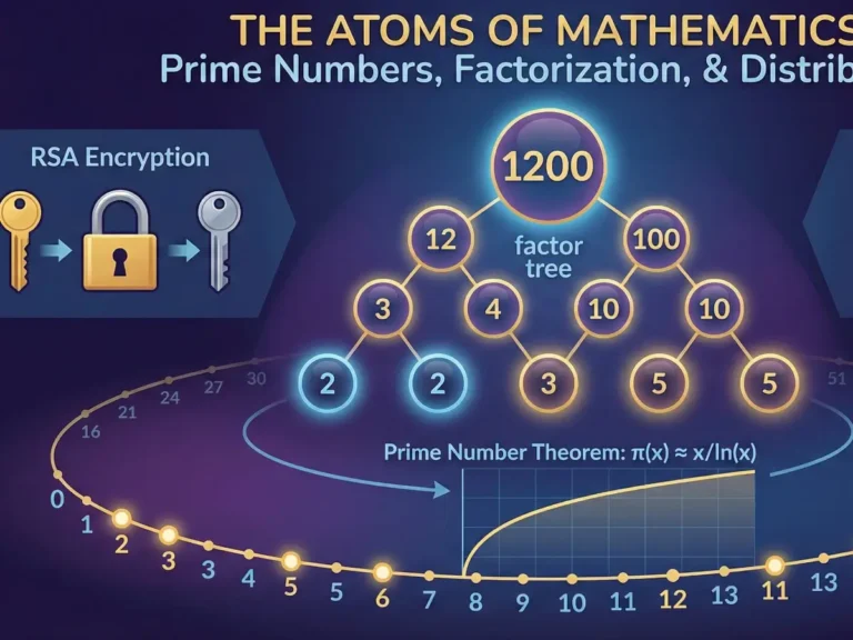 Infographic with prime numbers explained through a factor tree, RSA encryption keys, and a distribution timeline.
