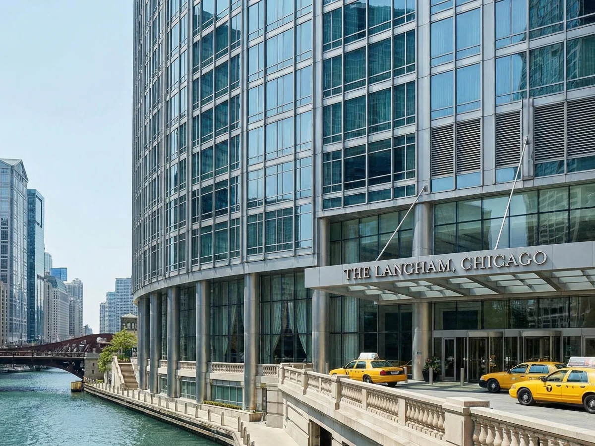Exterior view of the main entrance to The Langham, Chicago hotel, located on the riverside with yellow taxis parked in front and the city skyline in the background.