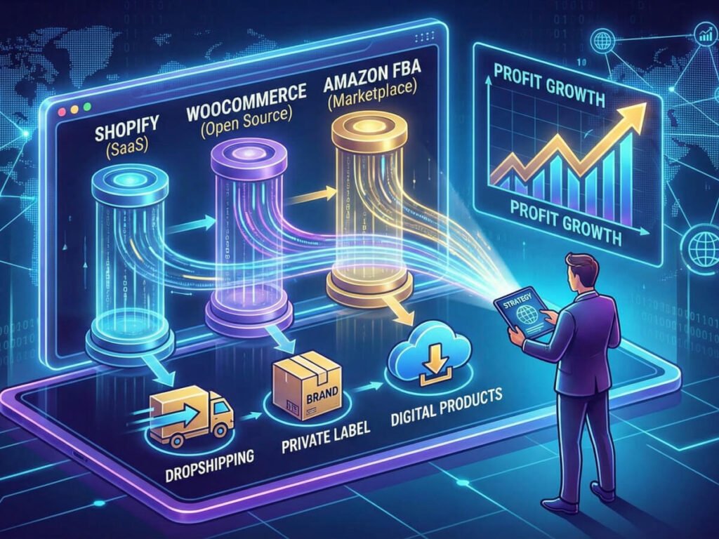 Digital illustration showing a strategic review of e-commerce platforms including Shopify, WooCommerce, and Amazon FBA for profit growth.