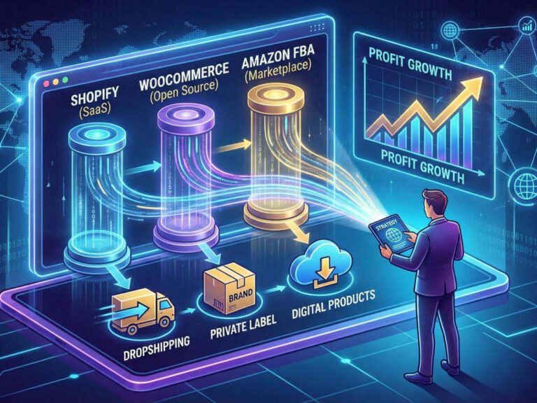 Digital illustration showing a strategic review of e-commerce platforms including Shopify, WooCommerce, and Amazon FBA for profit growth.