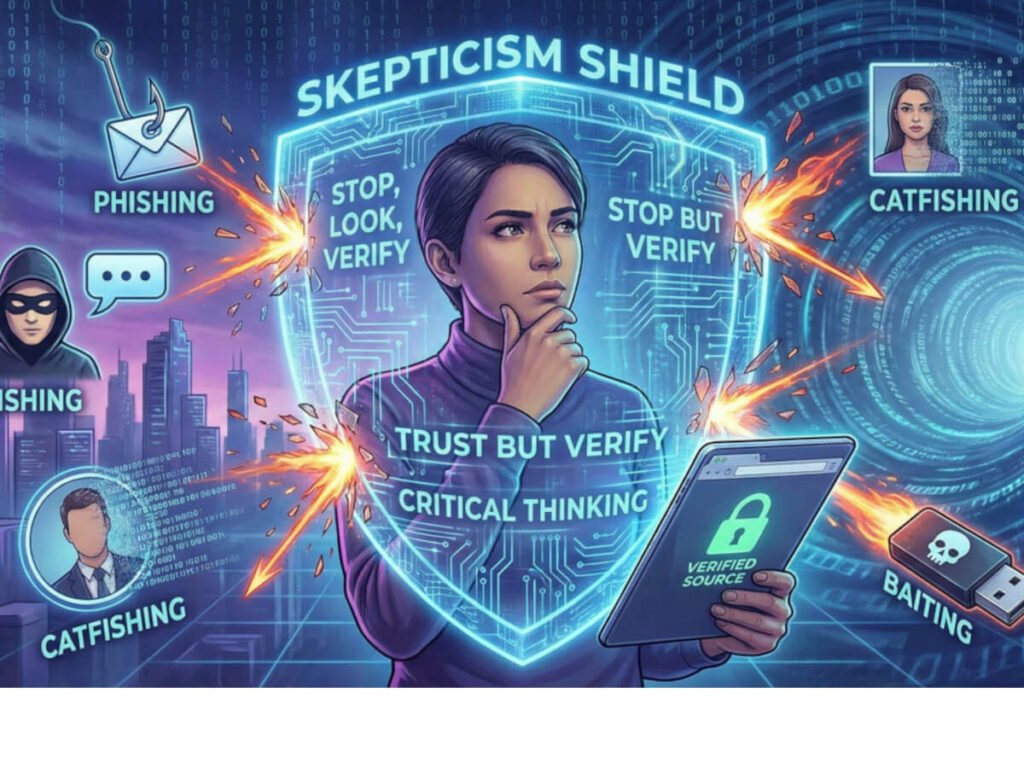 A digital illustration showing a person protected by a glowing "SKEPTICISM SHIELD" that deflects various social engineering threats. The shield features text including "STOP, LOOK, VERIFY," "TRUST BUT VERIFY," and "CRITICAL THINKING." Attacks labeled "PHISHING" (an email hook), "VISHING" (a masked caller), "CATFISHING" (fake profiles), and "BAITING" (a malicious USB drive) are shown bouncing off the shield in fiery bursts. The person holds a tablet displaying "VERIFIED SOURCE."