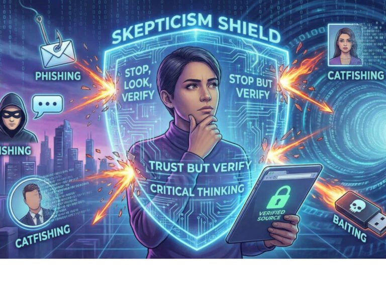 A digital illustration showing a person protected by a glowing "SKEPTICISM SHIELD" that deflects various social engineering threats. The shield features text including "STOP, LOOK, VERIFY," "TRUST BUT VERIFY," and "CRITICAL THINKING." Attacks labeled "PHISHING" (an email hook), "VISHING" (a masked caller), "CATFISHING" (fake profiles), and "BAITING" (a malicious USB drive) are shown bouncing off the shield in fiery bursts. The person holds a tablet displaying "VERIFIED SOURCE."