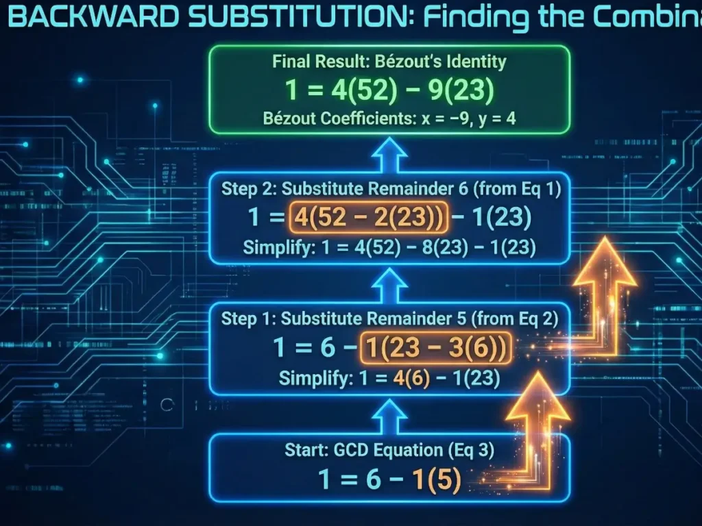 An educational infographic flowchart illustrating the Backward Substitution phase of the Extended Euclidean Algorithm. It demonstrates a bottom-up algebraic process, starting from the GCD equation $1 = 6 - 1(5)$ and substituting remainders upwards to find Bézout's Identity. The final result shows the equation $1 = 4(52) - 9(23)$, determining the coefficients x = -9 and y = 4.