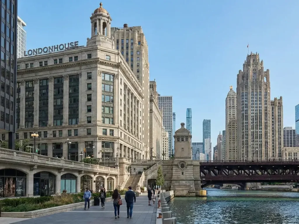 Exterior view of the historic LondonHouse Chicago hotel building located on the Chicago Riverwalk next to the Michigan Avenue Bridge.