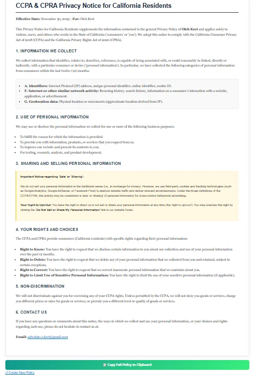 Free CCPA & CPRA Privacy Policy Generator