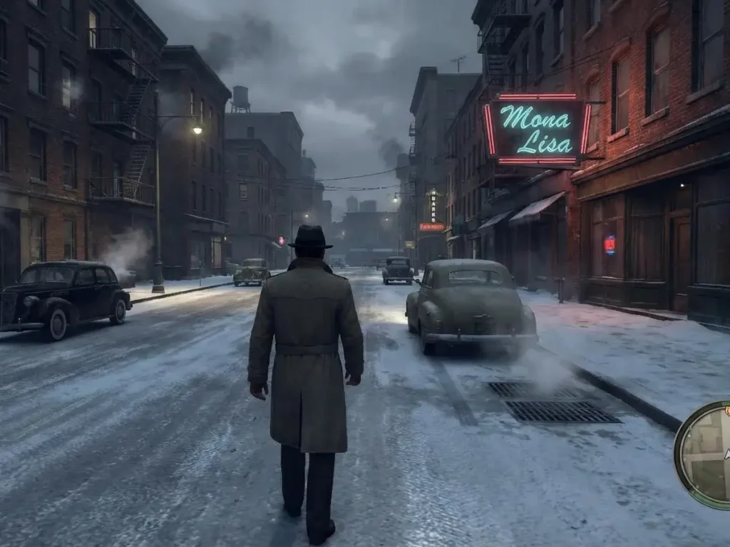 Cinematic 1940s style snowy street at night with vintage cars, capturing the noir atmosphere near the best hotels in Chicago.