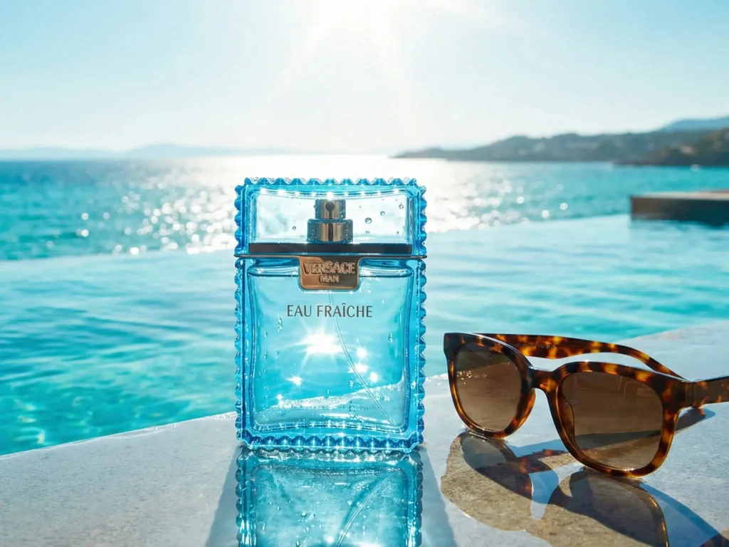 A bright, cheerful photograph. A bottle of Yellow Diamond (yellow) or Eau Fraiche (blue) stands on the edge of an infinity pool merging with the sea. The bright sun reflects in the water and the glass of the bottle. Stylish sunglasses may be lying nearby.