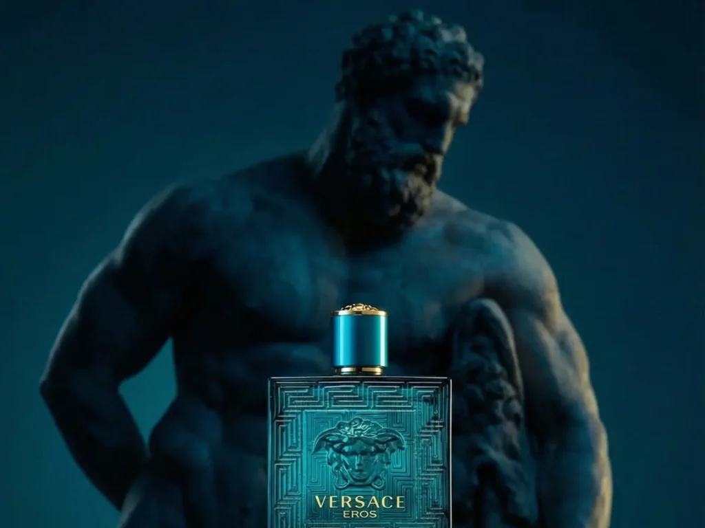 A vertical photograph. The turquoise Versace Eros perfume bottle stands on a fragment of an ancient column or rough stone. In the shadowy background, the silhouette of an athletic man, posed like a Greek statue, is visible. The color palette is deep blue, turquoise, and gold (from the perfume liquid).