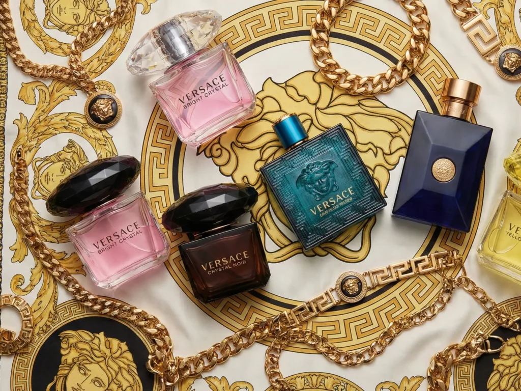 A "flat lay" composition (overhead view) on expensive fabric (silk or branded fabric with a Versace pattern). Several different Versace perfume bottles are artfully laid out amidst gold accessories (chunky chains, bracelets with Greek ornamentation). It looks like the "arsenal" of a modern fashionista or trendsetter.