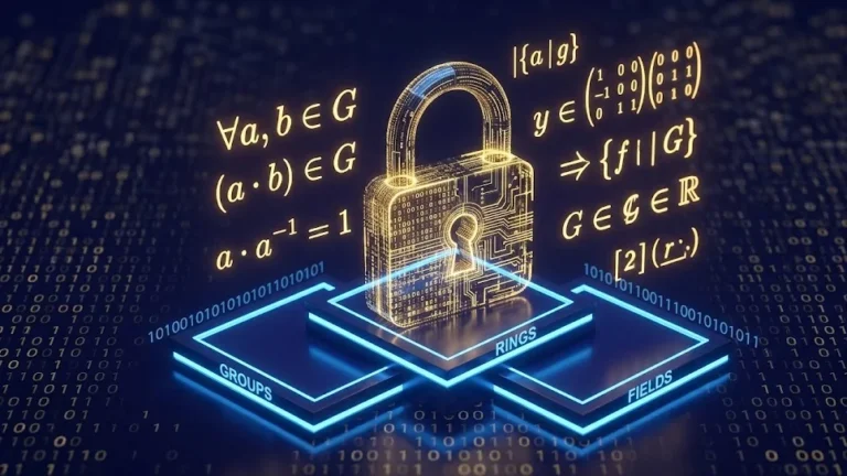 A holographic padlock surrounded by floating mathematical formulas representing groups, rings, and fields, visualizing how abstract algebra secures cryptographic algorithms like AES.