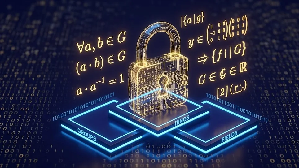 A holographic padlock surrounded by floating mathematical formulas representing groups, rings, and fields, visualizing how abstract algebra secures cryptographic algorithms like AES.