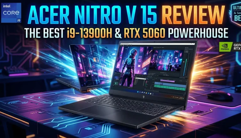 Acer Nitro V 15 review thumbnail featuring the laptop, Intel Core i9 and NVIDIA RTX 5060 logos with neon cyberpunk lighting