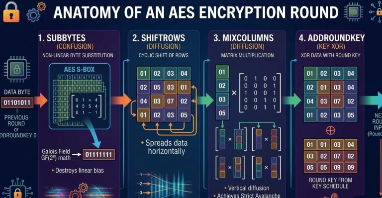 An architectural diagram of an AES encryption round. It illustrates how non-linear AES S-box mathematics prevents linear cryptanalysis explained in earlier sections. The MixColumns and ShiftRows layers demonstrate how the cipher achieves perfect avalanche effect cryptography, completely neutralizing the threat of differential cryptanalysis.