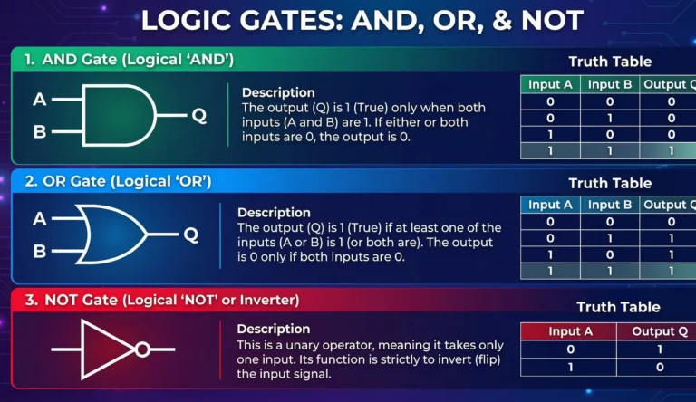 Boolean Algebra Truth Tables. "An infographic chart detailing the three basic logic gates with symbols, descriptions, and truth tables against a futuristic purple circuit background. The top section is green and shows the AND gate, its symbol (two inputs A and B, output Q), and truth table (only outputs 1 if inputs are 1). The middle section is blue and shows the OR gate, its symbol, and truth table (outputs 1 if at least one input is 1). The bottom section is red and shows the NOT gate, its triangle with a bubble symbol, and a two-row truth table demonstrating its inverting function. All text is in English."