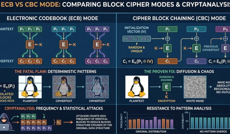 An architectural infographic comparing ECB vs CBC mode. It illustrates how statistical cryptanalysis easily breaks Electronic Codebook due to deterministic patterns (the visible penguin). Conversely, it shows how Cipher Block Chaining uses initialization vector cryptography to diffuse data into secure white noise, highlighting the critical differences in block cipher modes of operation.