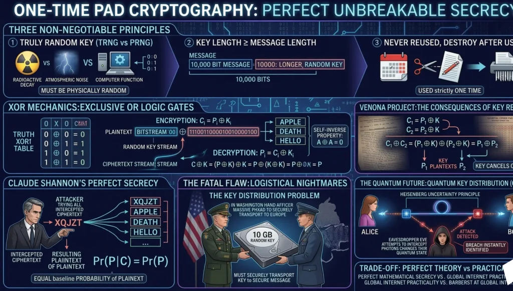 A comprehensive infographic explaining one-time pad cryptography. It covers Vernam cipher mechanics, XOR encryption logic, Claude Shannon perfect secrecy, and the logistical key distribution problem.