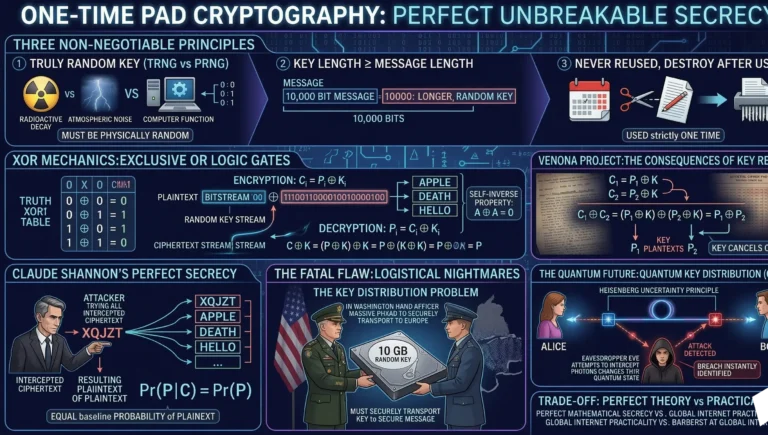 A comprehensive infographic explaining one-time pad cryptography. It covers Vernam cipher mechanics, XOR encryption logic, Claude Shannon perfect secrecy, and the logistical key distribution problem.