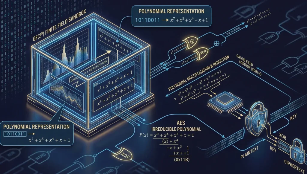 A high-tech diagram illustrating operations in finite fields and polynomial arithmetic. It visually explains how binary bytes are converted into polynomials, showing that addition in Galois field operates as hardware logic gates for secure XOR encryption.