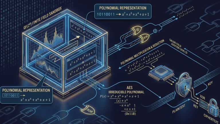 A high-tech diagram illustrating operations in finite fields and polynomial arithmetic. It visually explains how binary bytes are converted into polynomials, showing that addition in Galois field operates as hardware logic gates for secure XOR encryption.