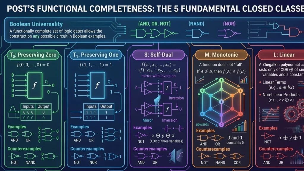 A comprehensive educational infographic titled "Post's Functional Completeness: The 5 Fundamental Closed Classes." The visual details Boolean Universality with examples of complete gate sets at the top. The main section is divided into five color-coded panels, each dedicated to one of Post's closed classes. These include: T₀ (Preserving Zero), which shows a truth table where output is 0 for input 000; T₁ (Preserving One), which shows output is 1 for input 111; S (Self-Dual), featuring a formula and an inversion logic circuit diagram; M (Monotonic), illustrated with a 3D tesseract hypercube graph showing upward-only arrows and increasing variable nodes; and L (Linear), displaying a Zhegalkin polynomial and contrasting linear and non-linear mathematical terms. Each panel lists specific logical gate examples and counterexamples.