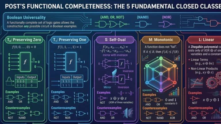A comprehensive educational infographic titled "Post's Functional Completeness: The 5 Fundamental Closed Classes." The visual details Boolean Universality with examples of complete gate sets at the top. The main section is divided into five color-coded panels, each dedicated to one of Post's closed classes. These include: T₀ (Preserving Zero), which shows a truth table where output is 0 for input 000; T₁ (Preserving One), which shows output is 1 for input 111; S (Self-Dual), featuring a formula and an inversion logic circuit diagram; M (Monotonic), illustrated with a 3D tesseract hypercube graph showing upward-only arrows and increasing variable nodes; and L (Linear), displaying a Zhegalkin polynomial and contrasting linear and non-linear mathematical terms. Each panel lists specific logical gate examples and counterexamples.