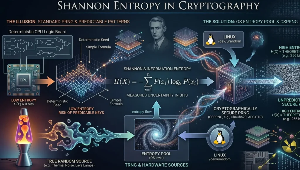 A detailed architectural infographic explaining Shannon entropy in cryptography. The left side illustrates the deterministic flaw of standard PRNGs leading to predictable keys with low entropy. The center and right sides demonstrate the secure solution: combining true random sources into an OS entropy pool. This pool feeds Linux /dev/urandom and powers a Cryptographically Secure Pseudo-Random Number Generator (CSPRNG) to create unpredictable, high-entropy cryptographic keys.