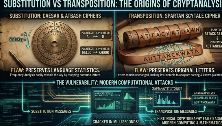 A detailed infographic explaining the mechanical differences between a substitution vs transposition cipher. It compares Caesar cipher modular arithmetic using a cipher wheel with Spartan Scytale cryptography, highlighting their devastating historic flaws.