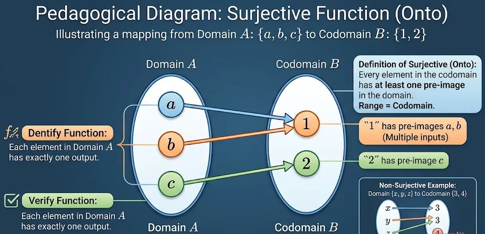Mapping diagram from Discrete Mathematics showing a surjective (onto) function from Set A {a, b, c} to Set B {1, 2}. Two domain elements (a and b) map to the same codomain element (1), illustrating it is surjective but not injective.
