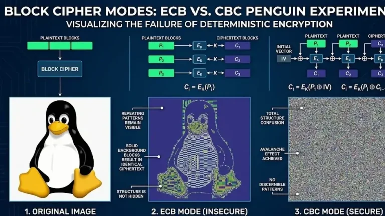 symmetric block ciphers A three-panel infographic comparing block cipher modes of operation. The original Linux Tux penguin is shown, then encrypted with insecure ECB mode which reveals its visible outline, and securely encrypted with CBC mode which appears as randomized noise. Schematics and formulas for both modes are included.
