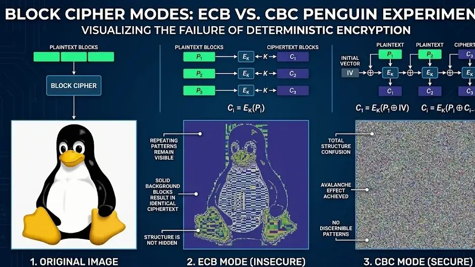symmetric block ciphers A three-panel infographic comparing block cipher modes of operation. The original Linux Tux penguin is shown, then encrypted with insecure ECB mode which reveals its visible outline, and securely encrypted with CBC mode which appears as randomized noise. Schematics and formulas for both modes are included.