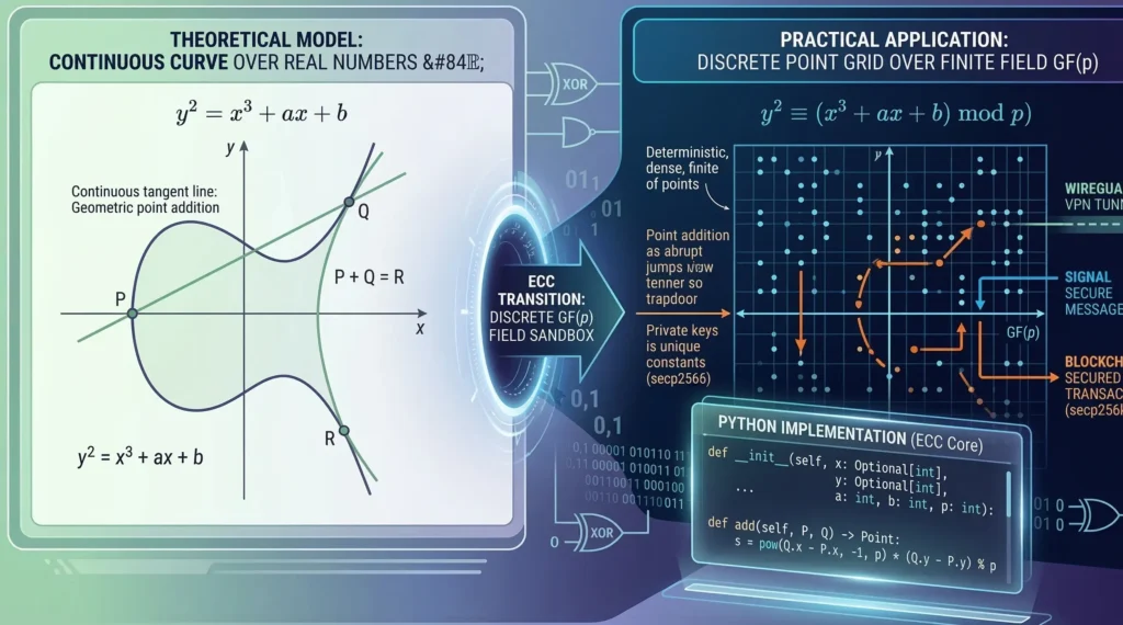 Detailed educational infographic comparing the theoretical continuous mathematics of elliptic curves with their practical application in discrete elliptic curve cryptography (ECC) over finite fields. The left panel shows a continuous curve ($y^2 = x^3 + ax + b$) demonstrating geometric point addition. A transition portal leads to the right panel illustrating a discrete point grid over a finite field GF(p) with modulo p arithmetic, explaining how points hop deterministically. This discrete property creates a secure 'trapdoor' function used in blockchain security (secp256k1), WireGuard VPN tunnels, and Signal messaging. A foreground element features a Python implementation (ECC Core) with code examples for initialization and point addition, showcasing the crucial use of modular inverse calculations.