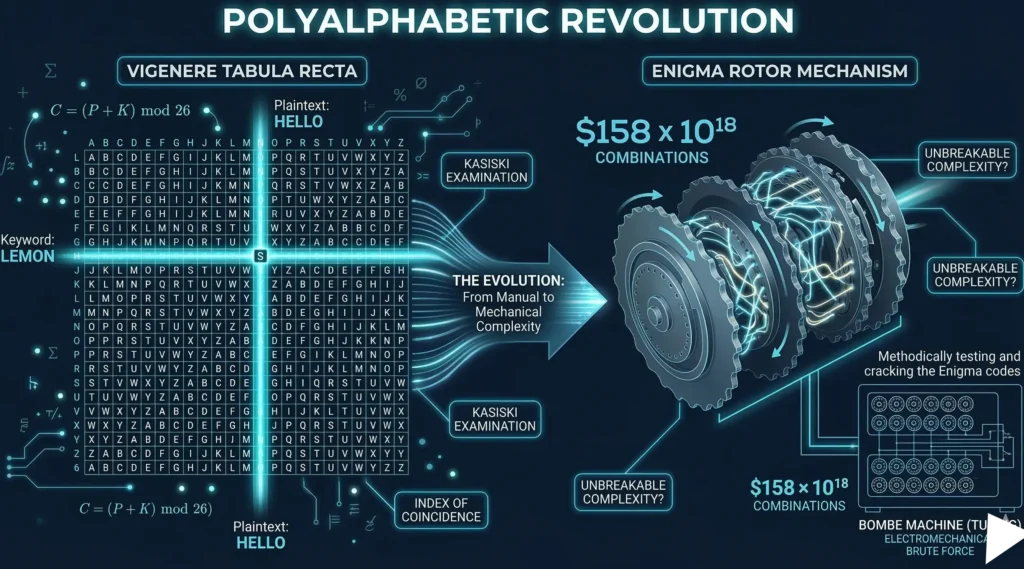 A technical infographic illustrating polyalphabetic cipher architecture. It compares manual Vigenere cipher decryption using a Tabula Recta with the complex electromechanical Enigma machine cryptography and its rotor mechanism.
