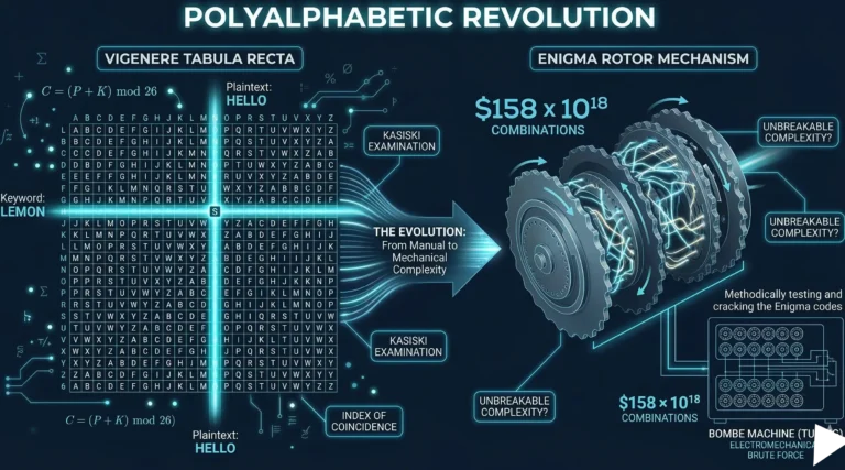 A technical infographic illustrating polyalphabetic cipher architecture. It compares manual Vigenere cipher decryption using a Tabula Recta with the complex electromechanical Enigma machine cryptography and its rotor mechanism.