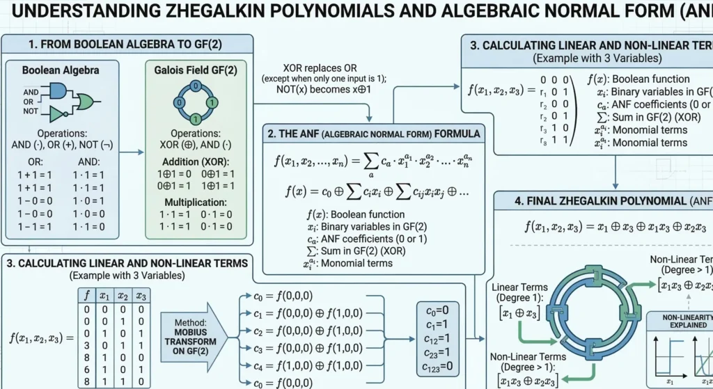 An infographic chart detailing the three basic logic gates with symbols, descriptions, and truth tables against a futuristic purple circuit background. The top section is green and shows the AND gate, its symbol (two inputs A and B, output Q), and truth table (only outputs 1 if inputs are 1). The middle section is blue and shows the OR gate, its symbol, and truth table (outputs 1 if at least one input is 1). The bottom section is red and shows the NOT gate, its triangle with a bubble symbol, and a two-row truth table demonstrating its inverting function. All text is in English.